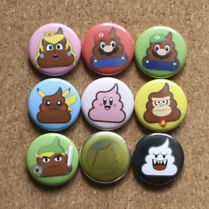 9 x 1” POOPER MARIO BUTTONS - poo turd Super Nintendo NES SNES Zelda pins badges - Picture 1 of 3