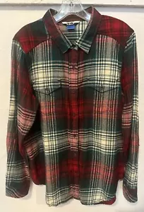 KAVU Plaid Flannel Shirt Long Sleeve Button Up Women's Sz Unknown Corduroy Trim - Picture 1 of 11