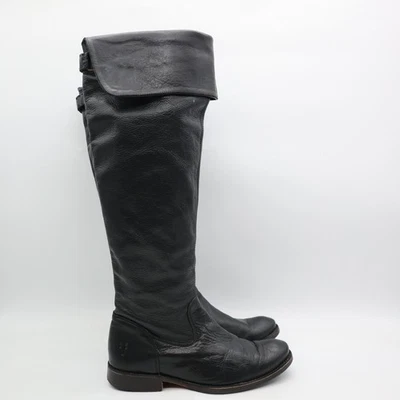 Botas de Equitação Frye Over The Knee Feminina Dobrável de Couro Preto Tamanho 6 B Alta 77739 - Imagem 1 de 4