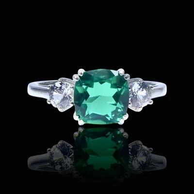 925 Rhodium Plated Lab Created Emerald & White Sapphire Ring Sz 9 - Image 1 of 4