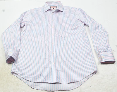 Camisa de Viajero Thomas Rosa Para Hombre 16 Azul Rosa Rayas Algodón Manga Larga Abotonada Foto 1 de 4