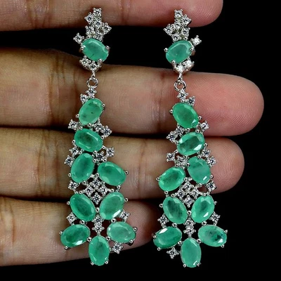 Pendientes de plata de ley 925 esmeralda ovalada 6x4 mm joyas de piedras preciosas naturales Foto 1 de 4