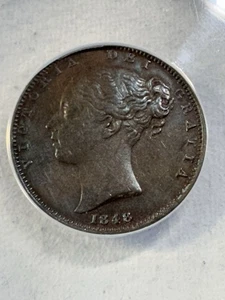 1848 Great Britain Farthing Graded AU 50 Details Cleaned by ANACS - Picture 1 of 8