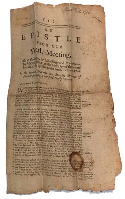 1746, PHILADELPHIA, QUAKER EPISTLE, YEARLY MEETING FRIENDS, WILLIAM BRADFORD, JR - Image 1 of 4