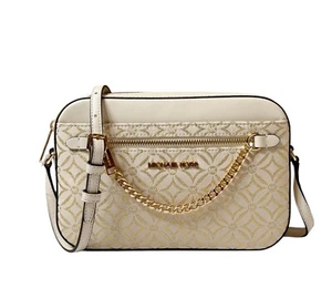 MICHAEL KORS JET SET ITEM CHAIN CROSSBODY BAG GRAPHIC LOGO MK PALE GOLD MULTI - Picture 1 of 14
