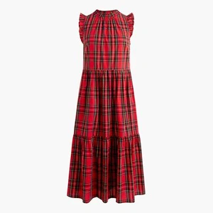 J Crew BC706 Neu mit Etikett Größe 2 Urlaub trendy rot Schottenkaro Stufen Rüschen Midikleid - Bild 1 von 4