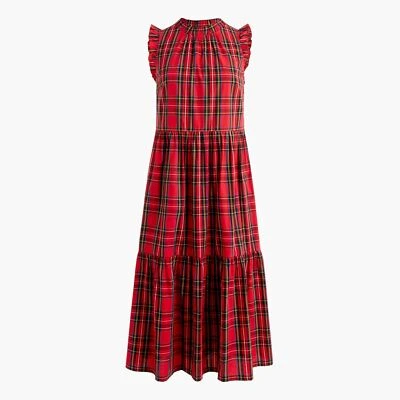 Vestido midi J Crew BC706 novo com etiquetas tamanho 2 férias moderno vermelho tartan xadrez babado em camadas - Imagem 1 de 4