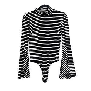 Audrey 3+1 Black White Striped Mock Neck Flare Sleeve Bodysuit Womens Size L - Picture 1 of 6