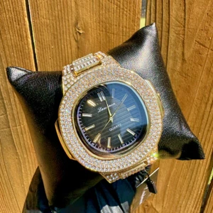 Men's Watch Luxury Iced Bling Out Simulated Gold Plated Diamond Square Bracelet - Picture 1 of 5