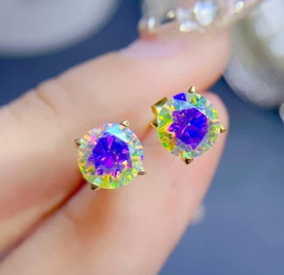 GRA Certified VVS1 4 CT Multicolor Moissanite Solitaire Stud Earrings Push back - Image 1 of 4