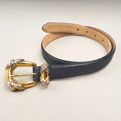 Talbots Navy Leather Belt Womens Sz M / 28 Gold Buckle Vintage - Image 1 of 4