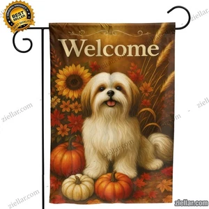 Fall Garden Flag Sunflowers Pumpkins Autumn Leaves Outdoor Yard Shih Tzu Banner - Picture 1 of 5