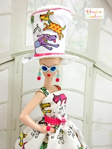 OOAK FITS BARBIE DOG LOVER DOLL DRESS FELT HAT by HANKIE COUTURE FASHION CLOTHES - Picture 1 of 12