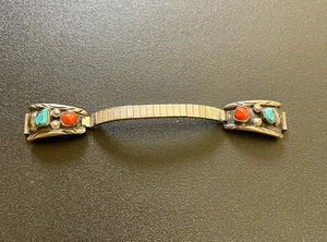 Vintage Navajo sterling turquoise & coral watch band, expandable 5 1/4" - Picture 1 of 9