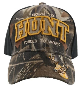 BORN TO HUNT FORCED TO WORK DEER BUCK HUNTING CAP HAT CAMO - Picture 1 of 4