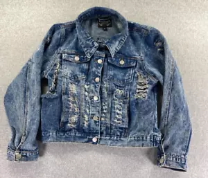 Thrill Jacket Women's 3X Blue Jean Denim Shredded Distressed Trucker Biker - Picture 1 of 17