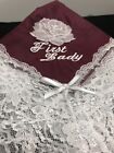Church Lap Scarf &quot;FIRST LADY WITH ROSE&quot; 28X 28&quot; MET  LACE SILVER/WHITE / BURGANY