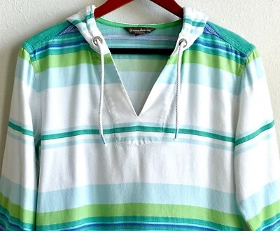 TOMMY BAHAMA Small Petite Cotton White & Green Sunset Stripe Hoodie Pullover - Image 1 of 4
