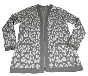 Kim Rogers Cheetah Animal Print Cardigan Sweater Women's L Gray White Open Front - Picture 1 of 4