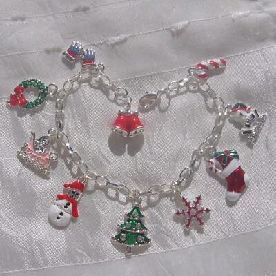 JOYEUX NOEL - BRACELET ARGENTÉ  10 BRELOQUES PERE NOEL SAPIN CLOCHES CADEAUX - Imagen 1 de 2
