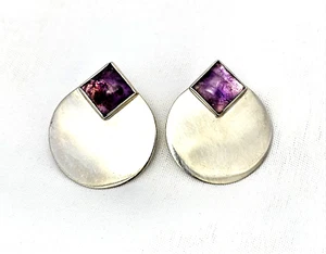 Sterling Silber Lila Quarz Ohrringe Rund Modernist Boho - Bild 1 von 3