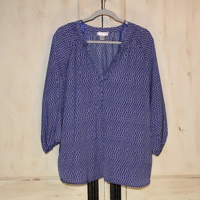 Blusa Jersey Kenar Azul/Blanco Geométrico Escote en V Manga 3/4 L Foto 1 de 4