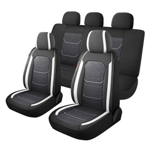 Premium PU Leather&Flannel Car Seat Covers Full Full Set Black/White - Picture 1 of 7