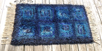 Alfombra de Colección Mediados de Siglo Escandinava Rya Shag Azul Turquesa Aqua Cuadrados 32x65" Foto 1 de 4