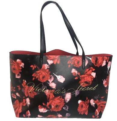 BOLSO DE MANO NUEVO CON ETIQUETAS VICTORIA'S SECRET ROJO FLORAL ROSA GRANDE PVC ABIERTO FIN DE SEMANA LIMITADO Foto 1 de 4