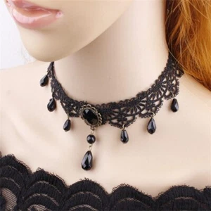 Multi-Layer Crystal Clavicle Chain 2PC Retro Lace Necklace Court Gothic - Picture 1 of 5