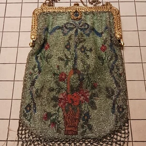 Antique Victorian Era Micro Metal + Glass Bead Purse with Mirror + Coin Purse - Picture 1 of 14