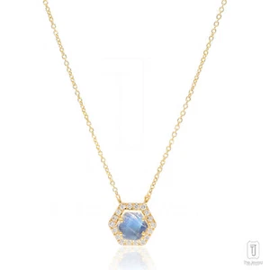 14K Gold VS/F-G Diamond And Rainbow Moonstone Hexagon Pendant Necklace - Picture 1 of 6