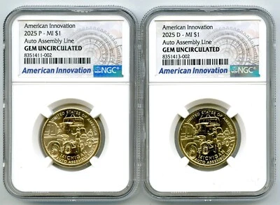 2025 $1 P D MICHIGAN AUTO ASSEMBLY NGC GEM UNC AMERICAN INNOVATION DOLLAR SET - Image 1 of 2