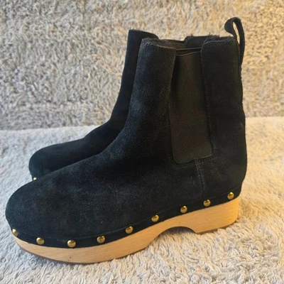 J.Crew Womens Black Suede Leather Clog Boots Gold Studded WOOD BOTTOMS Booties 7 - Image 1 of 4