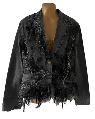 Chaqueta Blazer Denim De Colección Rossi Roma Para Mujer L Italia Flecos Secuencia Cuentas Artística Foto 1 de 4