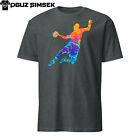 Abstraktes buntes Handballspieler Unisex-T-Shirt Sprungball Design