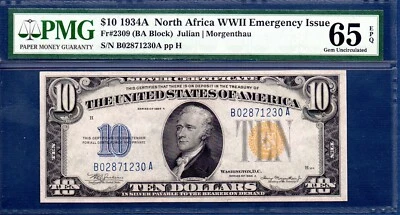 North Africa 10 Dollars Silver Certificate , 1934A, Gem UNC-PMG65EPQ, Fr#2309 - Image 1 of 2