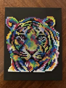 PERLER BEADS LARGE ABSTRACT TIGER COMPLETED ARTWORK ON BLACK CANVAS PIXEL ART - Picture 1 of 6