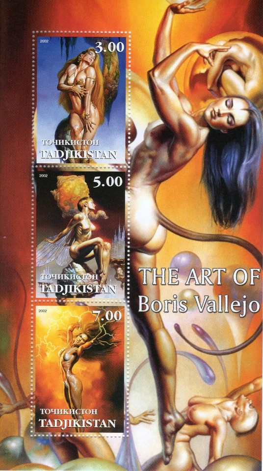 Boris Vallejo s/s 3 selos; nus de fantasia; MNH-- Tadjiquistão - Imagem 1 de 1