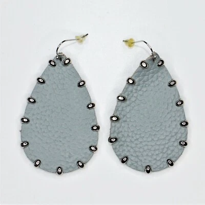 Genuine Leather Earrings 2" Drop Dangle Gray Teardrop Studded Silver Tone - Image 1 of 4