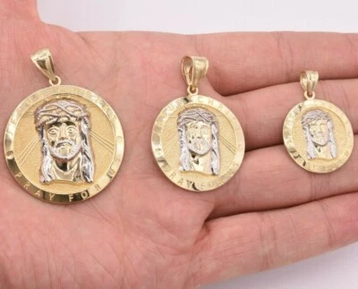 Dije medallón colgante cabeza de Jesús corte diamante real oro amarillo blanco de 10K Foto 1 de 3