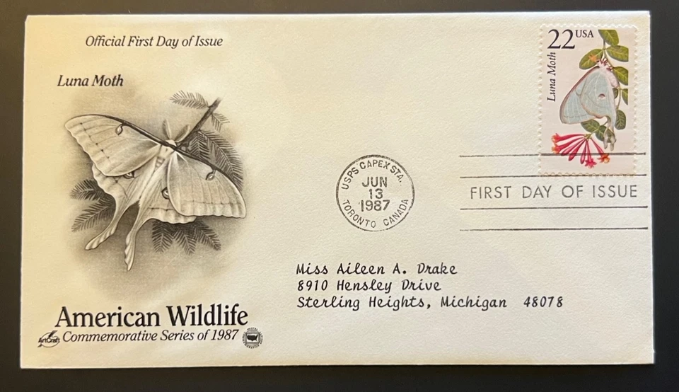 AMERICAN WILDLIFE LUNA MOTH JUN 13 1987 TORONTO CA FIRST DAY COVER FDC BX2A2 - Image 1 of 1