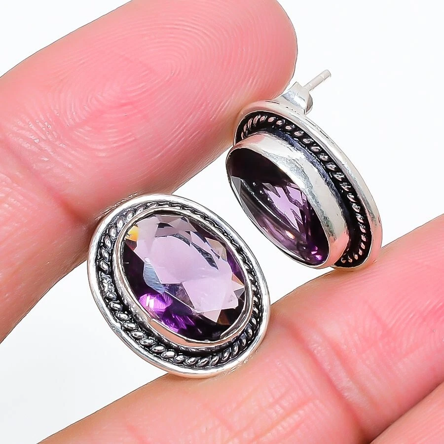 Purple Amethyst Gemstone 925 Sterling Silver Jewelry Stud Earring Sz 0.75'' - Image 1 of 1