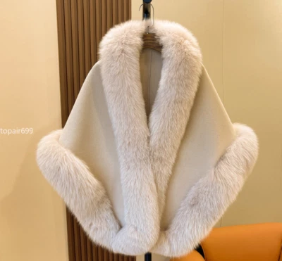Women's Wool Woolen Poncho Large Shawl Coat Real Fox Fur Trim Cape All Around - Image 1 of 4