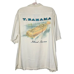 Tommy Bahama Mens L Off-White Short Sleeve Shirt Pocket Island Service Boat - Picture 1 of 7