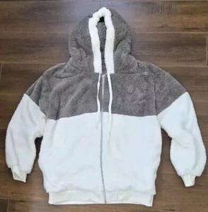 Noracora Fuzzy Gray And White Full Zip Up Hoodie Sweatshirt NWT Women’s XL - Picture 1 of 15