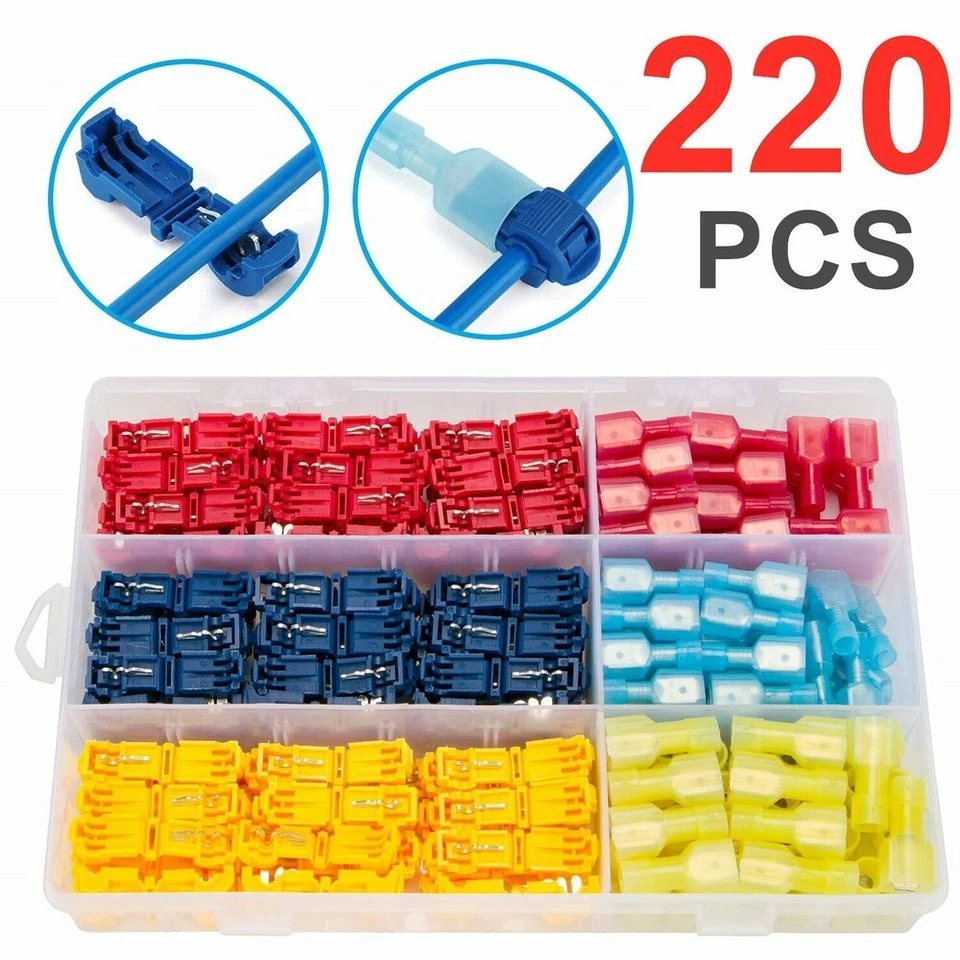 220Pcs Insulated T-Tap Quick Splice Combo Wire Terminal Connectors Kit 22-10 AWG - Image 1 of 4