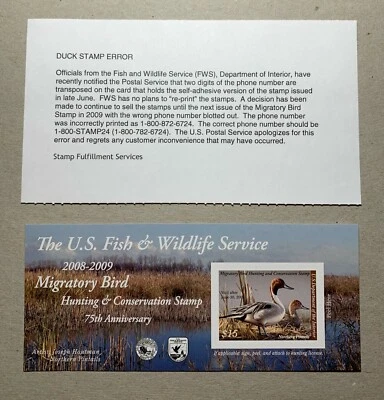 #RW75A 2008 - 2009 - US Federal Duck Stamp **with Post Office ERROR Card** - Image 1 of 3