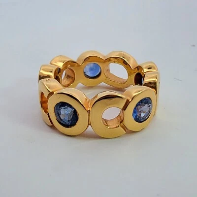 Vintage CHANEL 18K Yellow Gold COCO Eternity Band Ring w/ Blue Sapphires FRANCE - Image 1 of 4