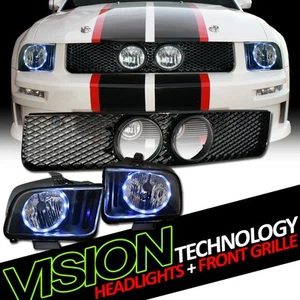 Black LED Halo Headlights Lamps Nb+Mesh Hood Grill Grille For 05-09 Mustang GT - Picture 1 of 2